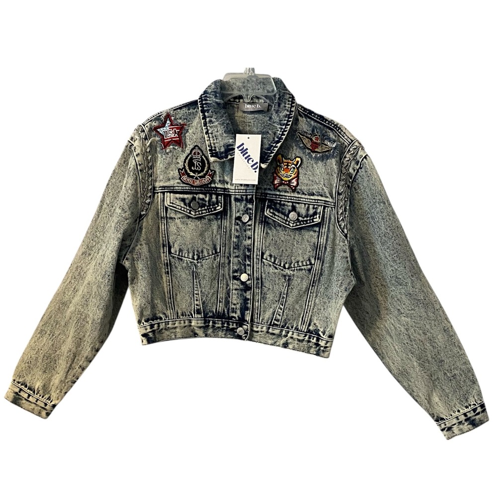Blue B Collection Womens Denim Jacket Acid Wash Embellished Patches Cropped Sz S